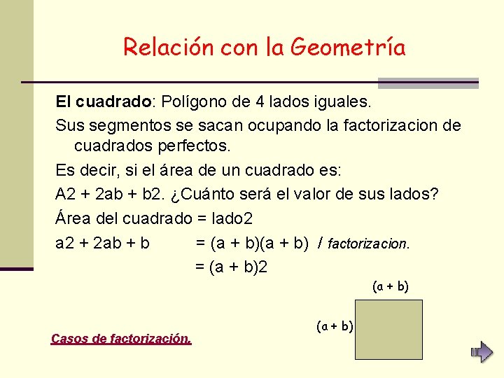 Relación con la Geometría El cuadrado: Polígono de 4 lados iguales. Sus segmentos se