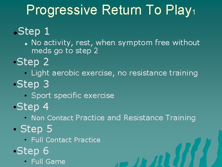 Progressive Return To Play 1 Step 1 No activity, rest, when symptom free without
