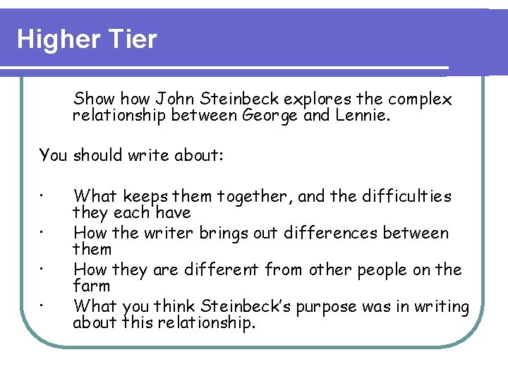 Higher Tier Show John Steinbeck explores the complex relationship between George and Lennie. You