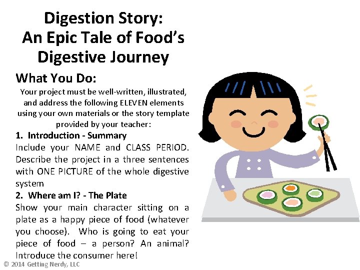 Digestion Story: An Epic Tale of Food’s Digestive Journey What You Do: Your project