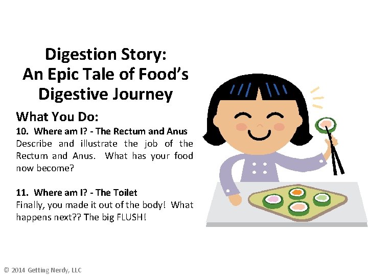 Digestion Story: An Epic Tale of Food’s Digestive Journey What You Do: 10. Where