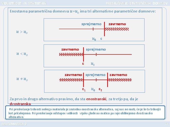 VERJETNOST IN STATISTIKA PRESKUŠANJE STATISTIČNIH DOMNEV Enostavna parametrična domneva u=u 0 ima tri alternativne