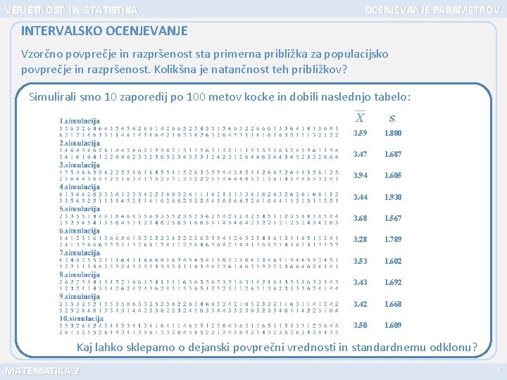 VERJETNOST IN STATISTIKA OCENJEVANJE PARAMETROV INTERVALSKO OCENJEVANJE Vzorčno povprečje in razpršenost sta primerna približka