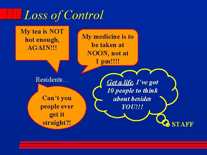 Loss of Control My tea is NOT hot enough, AGAIN!!! Residents… Can’t you people