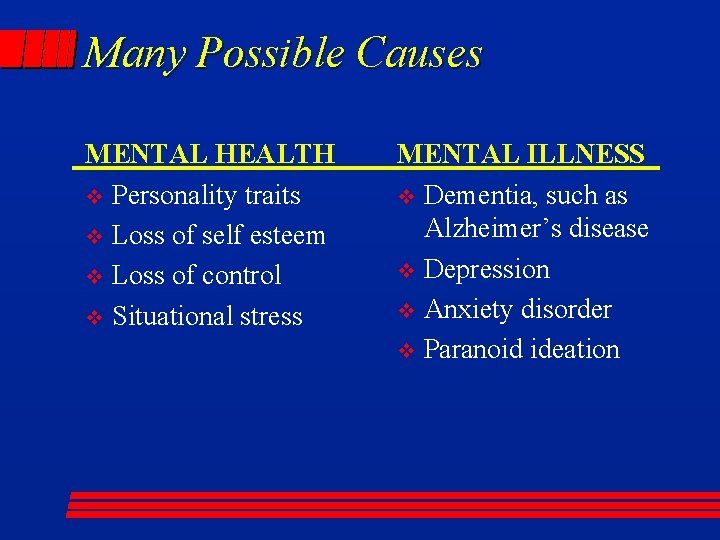 Many Possible Causes MENTAL HEALTH v Personality traits v Loss of self esteem v
