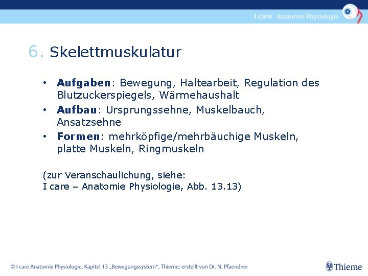 6. Skelettmuskulatur • Aufgaben: Bewegung, Haltearbeit, Regulation des Blutzuckerspiegels, Wärmehaushalt • Aufbau: Ursprungssehne, Muskelbauch,