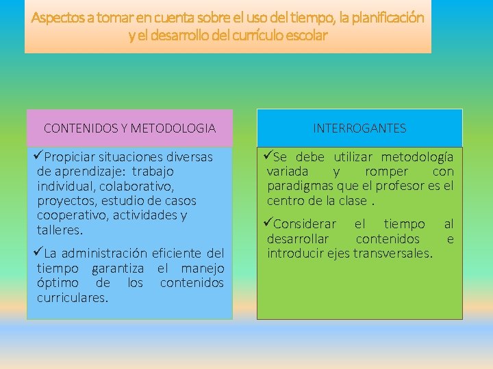 Aspectos a tomar en cuenta sobre el uso del tiempo, la planificación y el