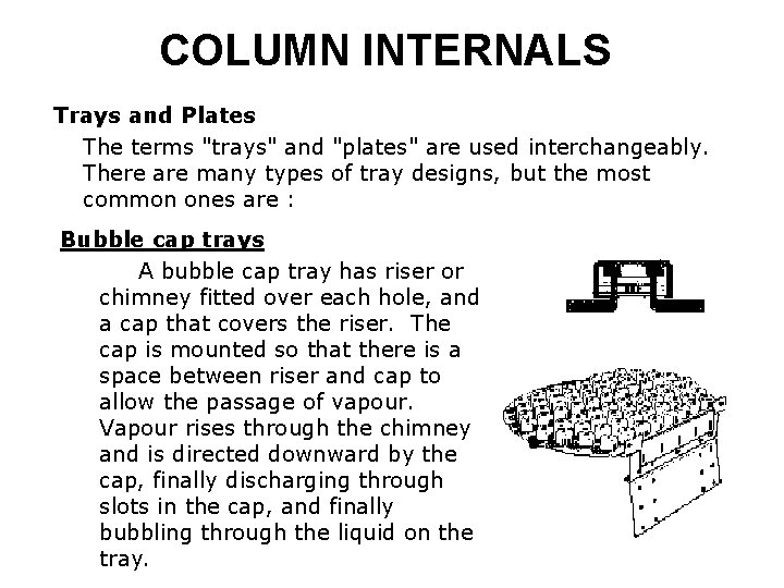 COLUMN INTERNALS Trays and Plates The terms "trays" and "plates" are used interchangeably. There