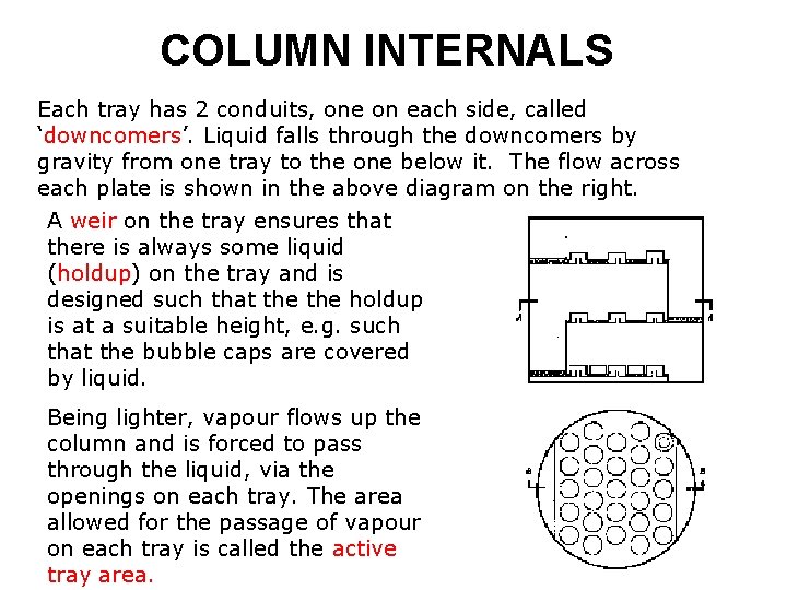 COLUMN INTERNALS Each tray has 2 conduits, one on each side, called ‘downcomers’. Liquid