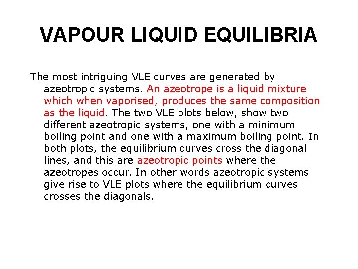 VAPOUR LIQUID EQUILIBRIA The most intriguing VLE curves are generated by azeotropic systems. An