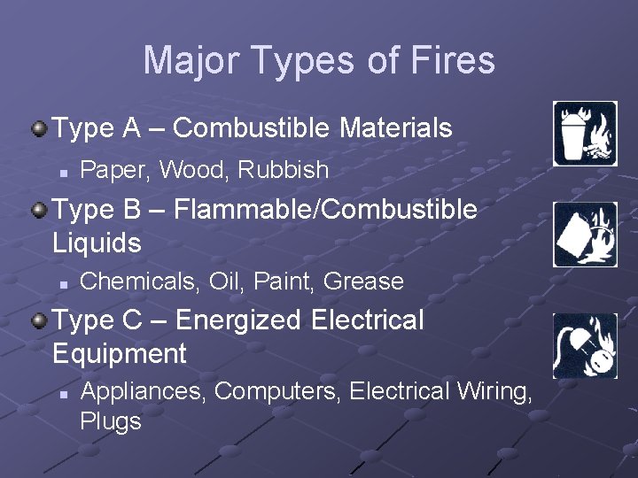 Major Types of Fires Type A – Combustible Materials n Paper, Wood, Rubbish Type