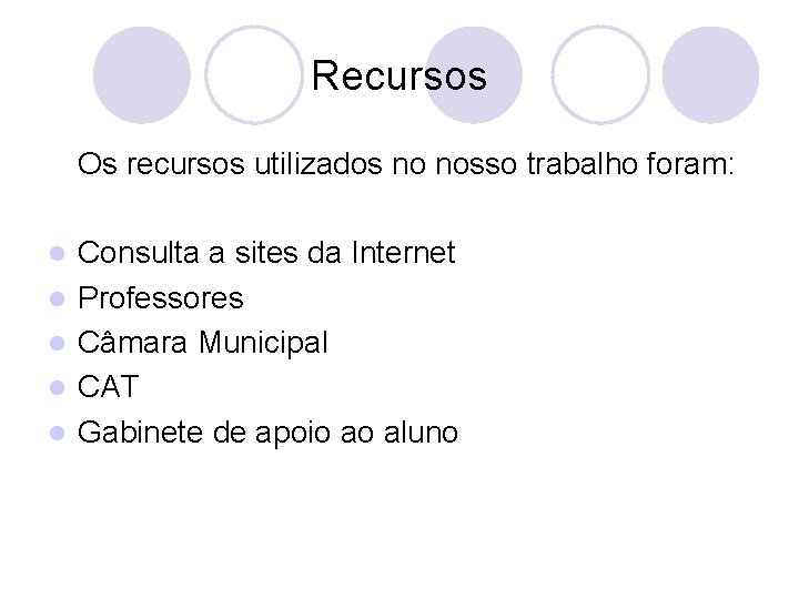 Recursos Os recursos utilizados no nosso trabalho foram: l l l Consulta a sites