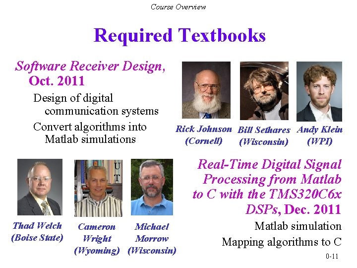 Course Overview Required Textbooks Software Receiver Design, Oct. 2011 Design of digital communication systems
