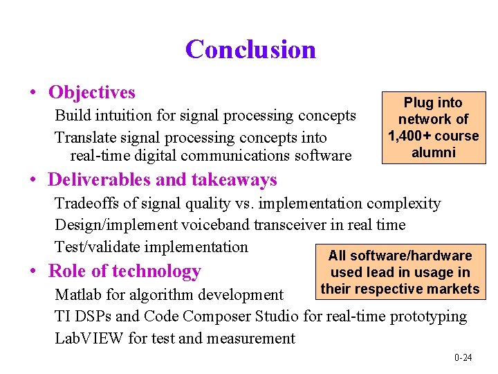 Conclusion • Objectives Build intuition for signal processing concepts Translate signal processing concepts into