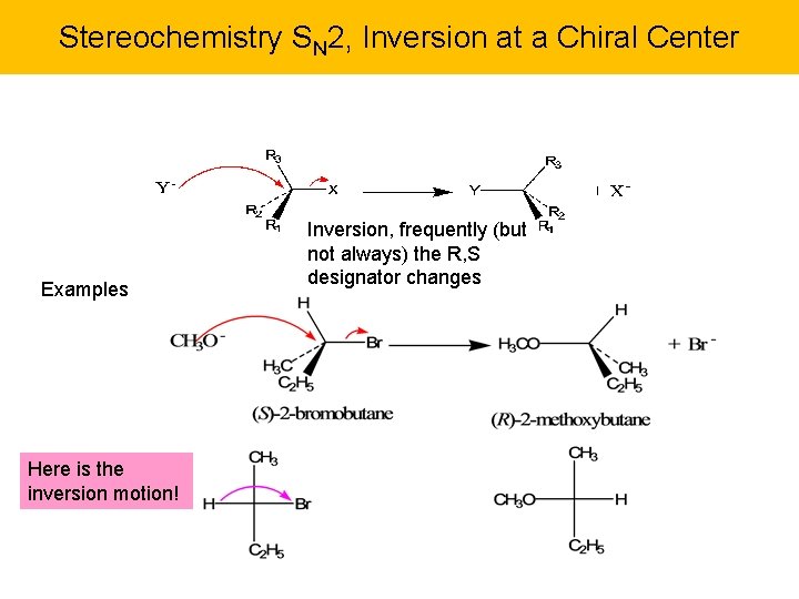 Stereochemistry SN 2, Inversion at a Chiral Center Examples Here is the inversion motion! Stereochemistry SN 2, Inversion at a Chiral Center Examples Here is the inversion motion!