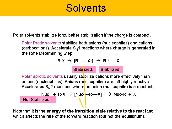 Solvents Polar solvents stabilize ions, better stabilization if the charge is compact. Polar Protic