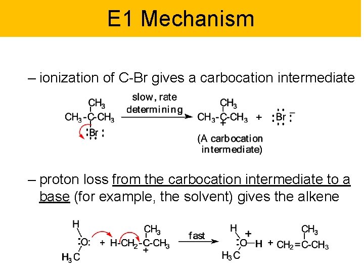 E 1 Mechanism – ionization of C-Br gives a carbocation intermediate – proton loss E 1 Mechanism – ionization of C-Br gives a carbocation intermediate – proton loss