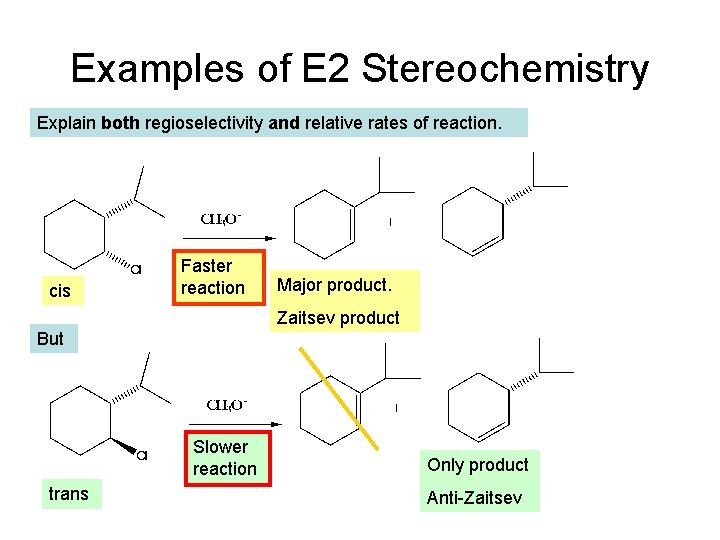 Examples of E 2 Stereochemistry Explain both regioselectivity and relative rates of reaction. cis Examples of E 2 Stereochemistry Explain both regioselectivity and relative rates of reaction. cis