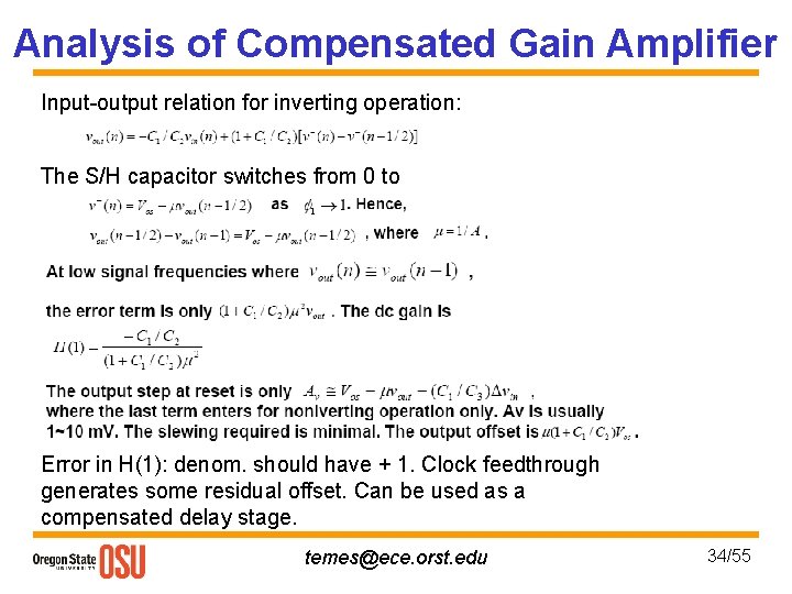 Analysis of Compensated Gain Amplifier Input-output relation for inverting operation: The S/H capacitor switches