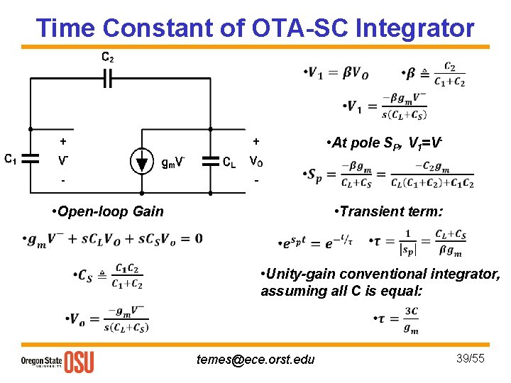 Time Constant of OTA-SC Integrator • • At pole SP, V 1=V • •