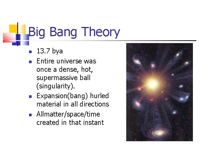 Big Bang Theory 13. 7 bya Entire universe was once a dense, hot, supermassive
