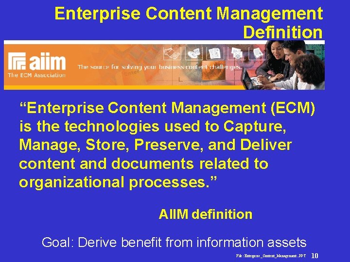 Enterprise Content Management Definition Enterprise Content Management “Enterprise Content Management (ECM) is the technologies