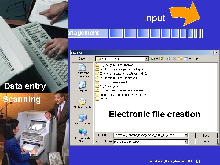 Input Enterprise Content Management Data entry Scanning Electronic file creation File: Enterprise_Content_Management. . PPT