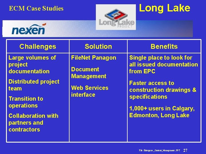 Long Lake ECM Case Studies Enterprise Content Management Challenges Large volumes of project documentation