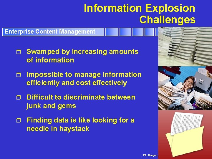 Information Explosion Challenges Enterprise Content Management r Swamped by increasing amounts of information r