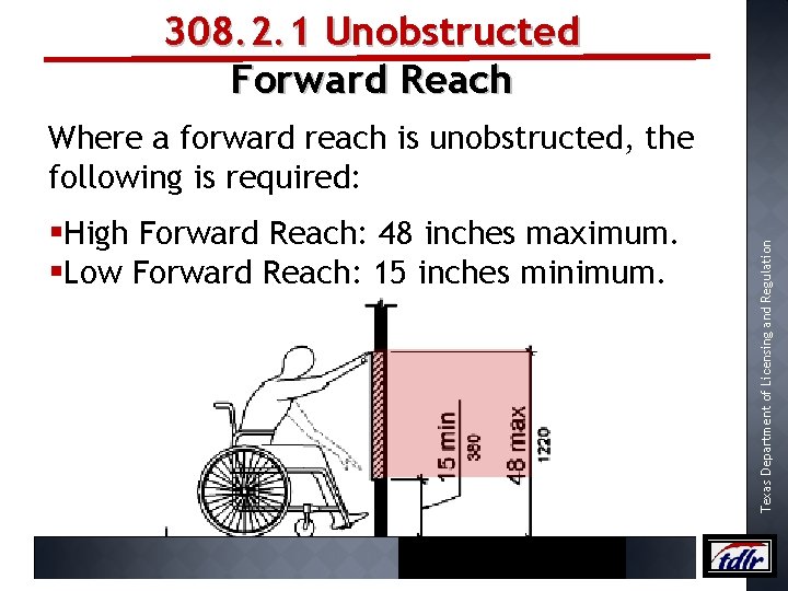 308. 2. 1 Unobstructed Forward Reach §High Forward Reach: 48 inches maximum. §Low Forward