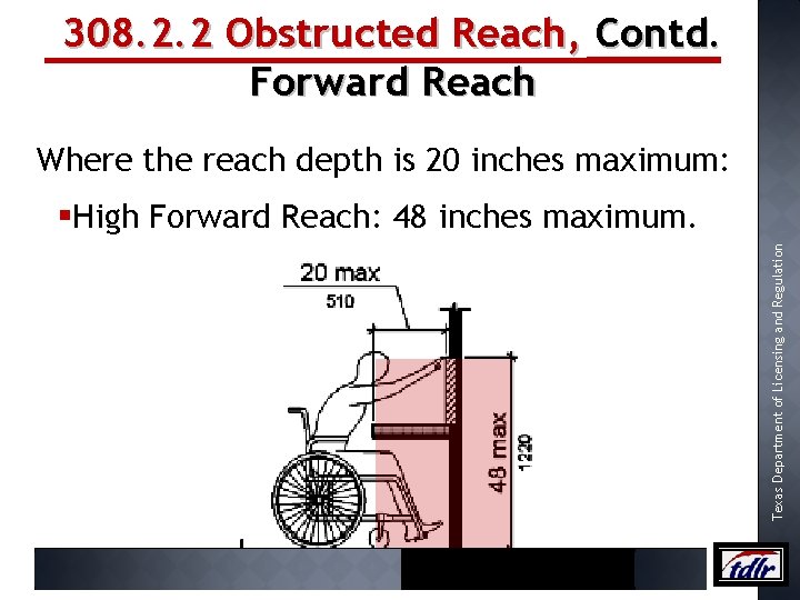 308. 2. 2 Obstructed Reach, Contd. Forward Reach Where the reach depth is 20