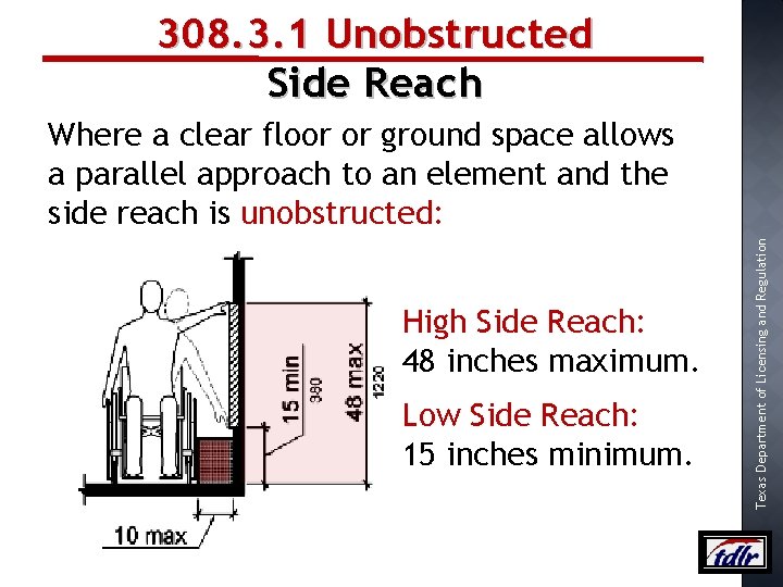 308. 3. 1 Unobstructed Side Reach High Side Reach: 48 inches maximum. Low Side