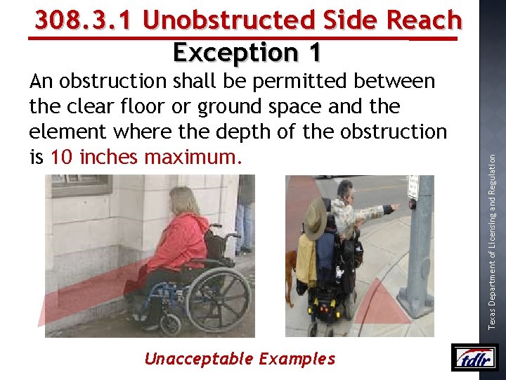An obstruction shall be permitted between the clear floor or ground space and the