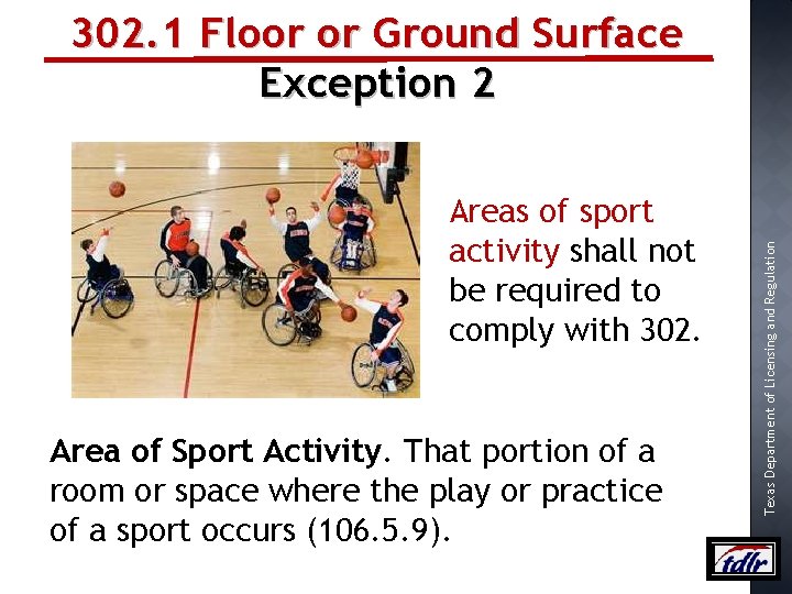 Areas of sport activity shall not be required to comply with 302. Area of