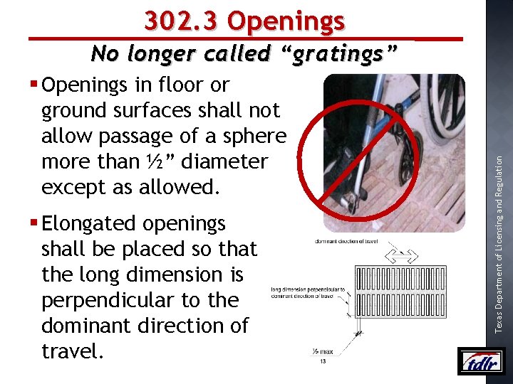 302. 3 Openings § Openings in floor or ground surfaces shall not allow passage