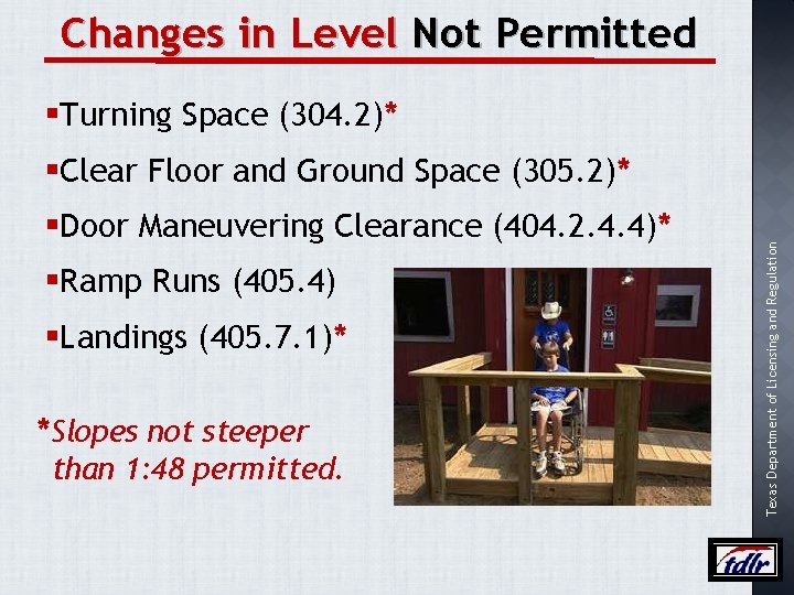 Changes in Level Not Permitted §Turning Space (304. 2)* §Door Maneuvering Clearance (404. 2.