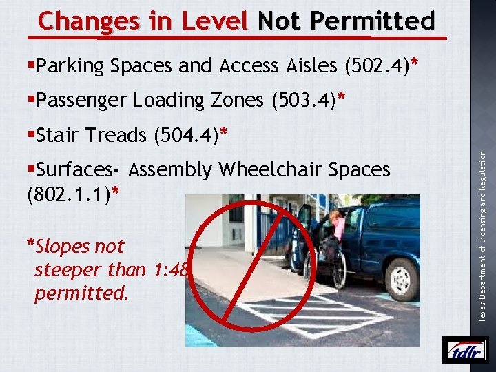 Changes in Level Not Permitted §Parking Spaces and Access Aisles (502. 4)* §Passenger Loading