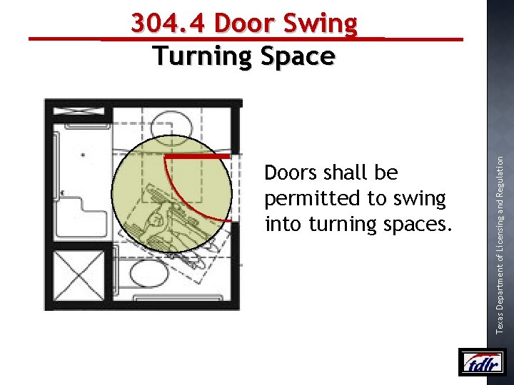 Doors shall be permitted to swing into turning spaces. Texas Department of Licensing and