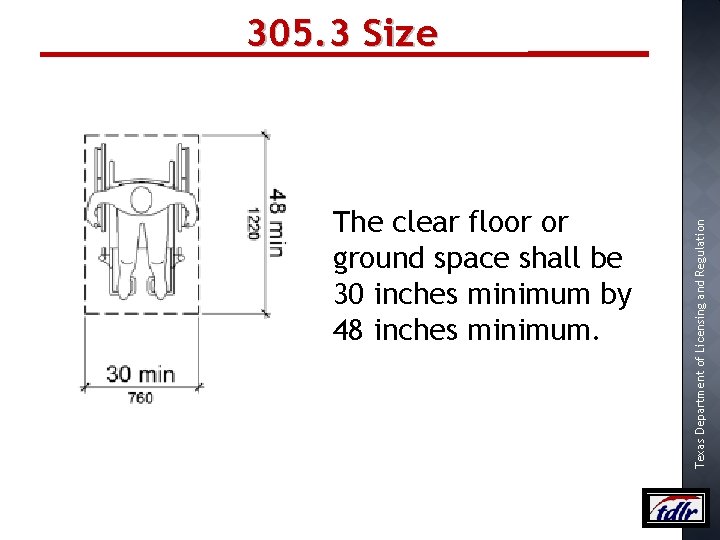 The clear floor or ground space shall be 30 inches minimum by 48 inches
