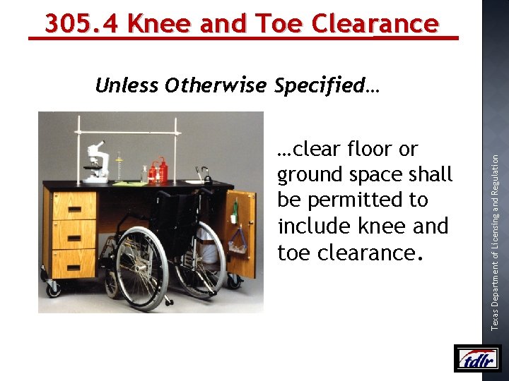 305. 4 Knee and Toe Clearance …clear floor or ground space shall be permitted