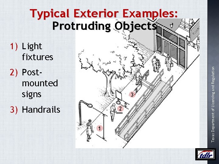 Typical Exterior Examples: Protruding Objects 2) Postmounted signs 3 3) Handrails 2 1 Texas