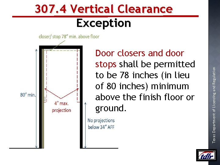 Door closers and door stops shall be permitted to be 78 inches (in lieu