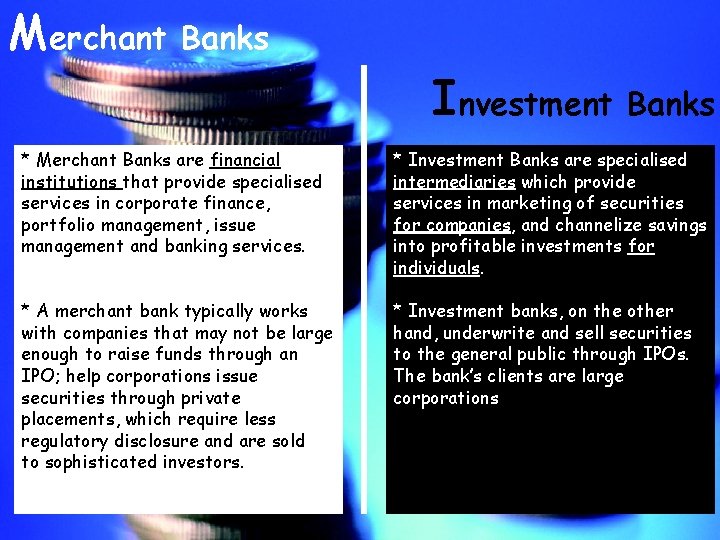 Merchant Banks Investment Banks * Merchant Banks are financial institutions that provide specialised services