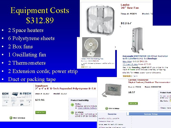 Equipment Costs $312. 89 • • 2 Space heaters 6 Polystyrene sheets 2 Box