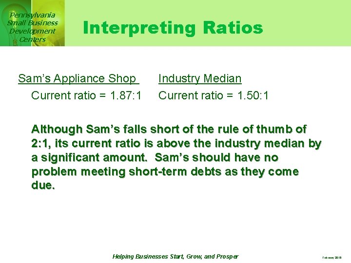 Pennsylvania Small Business Development Centers Interpreting Ratios Sam’s Appliance Shop Current ratio = 1.