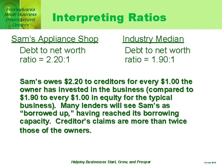 Pennsylvania Small Business Development Centers Interpreting Ratios Sam’s Appliance Shop Debt to net worth