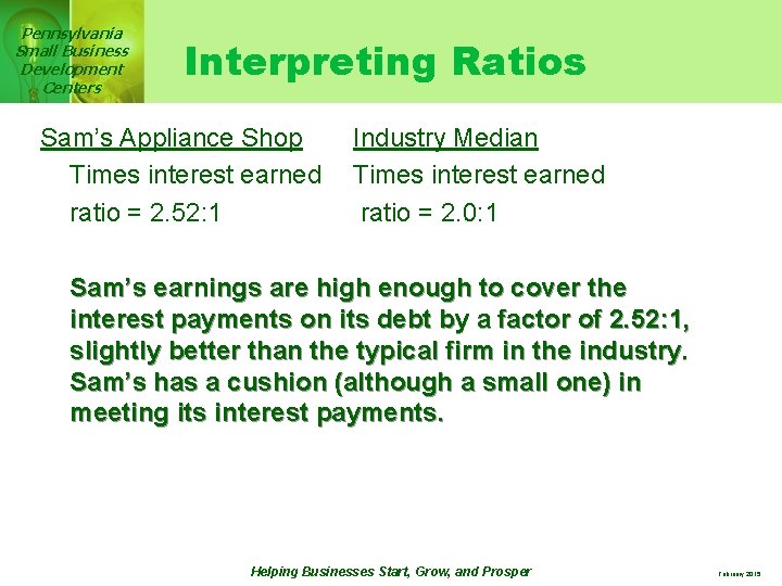 Pennsylvania Small Business Development Centers Interpreting Ratios Sam’s Appliance Shop Times interest earned ratio