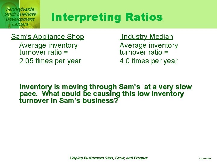 Pennsylvania Small Business Development Centers Interpreting Ratios Sam’s Appliance Shop Average inventory turnover ratio