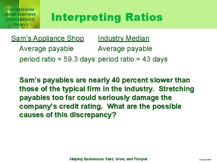 Pennsylvania Small Business Development Centers Interpreting Ratios Sam’s Appliance Shop Industry Median Average payable