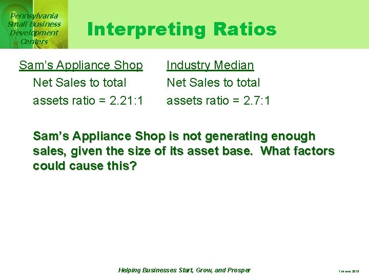 Pennsylvania Small Business Development Centers Interpreting Ratios Sam’s Appliance Shop Net Sales to total